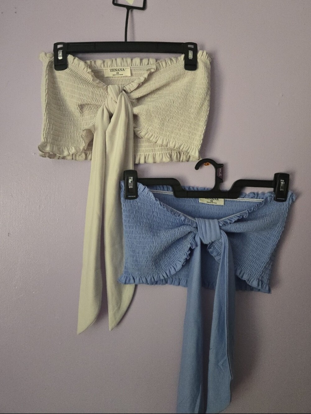 Zenana Outfitters 1X Cream and Light Blue Tie-Front Smocked Crop Tops